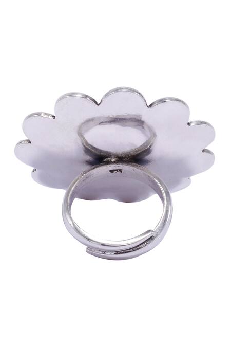 Shop_Sangeeta Boochra_Silver Plated Cut Work Floral Carved Tribal Ring _Online_at_Aza_Fashions