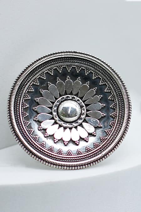 Shop_Sangeeta Boochra_Silver Plated Cut Work Tribal Chandrika Ring _at_Aza_Fashions