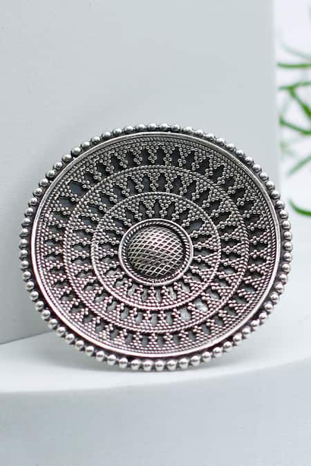 Shop Sangeeta Boochra Silver Plated Oxidized Round Floral Carved Tribal Ring at Aza Fashions Shop_Sangeeta Boochra_Silver Plated Oxidized Round Floral Carved Tribal Ring _at_Aza_Fashions