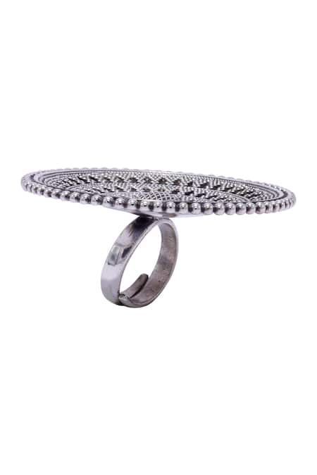 Sangeeta Boochra Silver Plated Oxidized Round Floral Carved Tribal Ring Online at Aza Fashions Sangeeta Boochra_Silver Plated Oxidized Round Floral Carved Tribal Ring _Online_at_Aza_Fashions