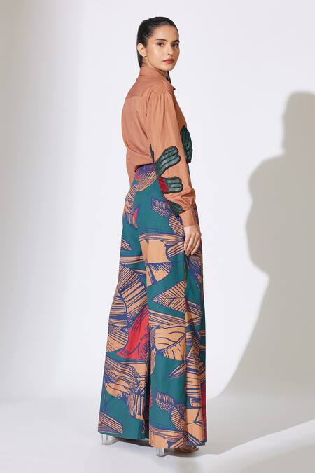Shop_Koai_Green Heavy Cotton Silk Floral Pattern Flared Pant _at_Aza_Fashions