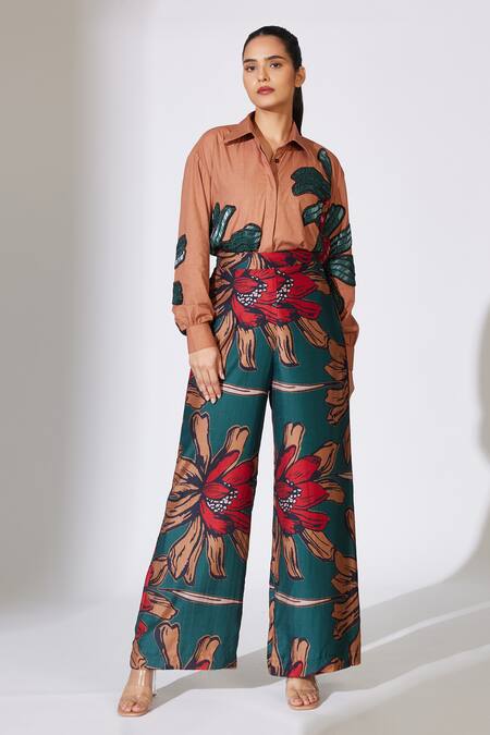 Koai_Green Heavy Cotton Silk Floral Pattern Flared Pant _Online_at_Aza_Fashions
