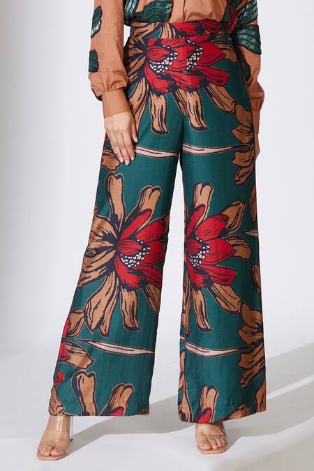 Buy_Koai_Green Heavy Cotton Silk Floral Pattern Flared Pant _Online_at_Aza_Fashions