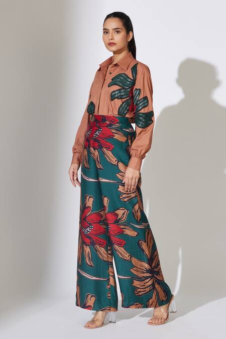 Koai_Green Heavy Cotton Silk Floral Pattern Flared Pant _at_Aza_Fashions