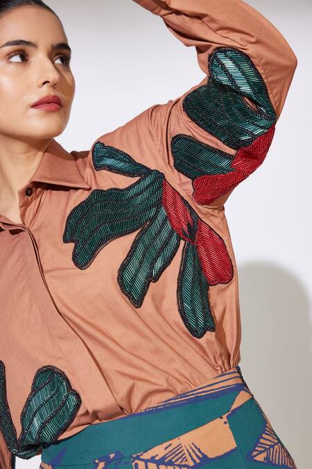 Shop_Koai_Brown Poplin, Cotton Cut Work, Beads Collared Floral Patchwork Shirt _Online_at_Aza_Fashions