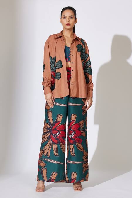 Koai_Brown Poplin, Cotton Cut Work, Beads Collared Floral Patchwork Shirt _at_Aza_Fashions