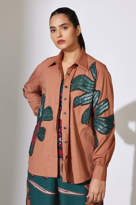 Buy_Koai_Brown Poplin, Cotton Cut Work, Beads Collared Floral Patchwork Shirt 
