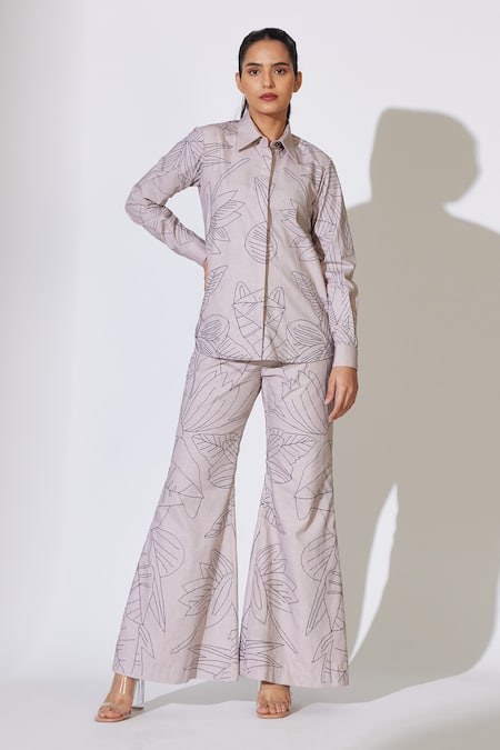 KoAi Grey Poplin Cotton Embroidered Thread Collared Floral Shirt 