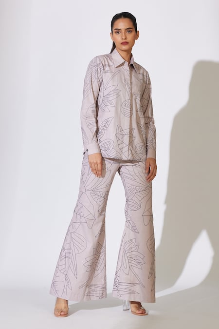 Koai_Grey Poplin, Cotton Embroidery Collared Floral Thread Shirt _Online_at_Aza_Fashions