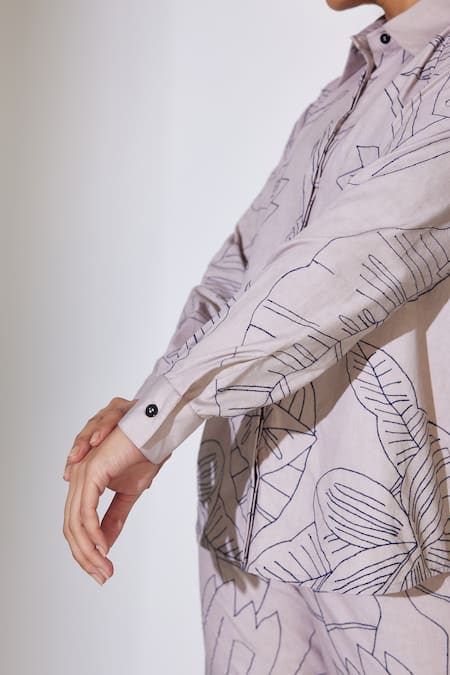 Shop_Koai_Grey Poplin, Cotton Embroidery Collared Floral Thread Shirt _Online_at_Aza_Fashions