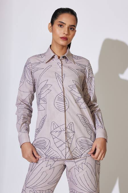 Koai_Grey Poplin, Cotton Embroidery Collared Floral Thread Shirt _at_Aza_Fashions