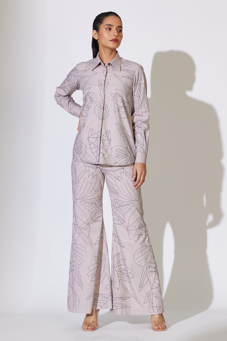 Koai Grey Cotton, Poplin Embroidery Floral And Leaf Flared Pant 