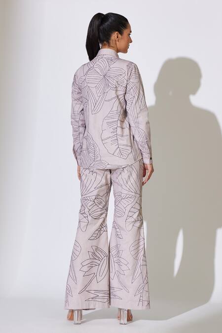 Shop Koai Grey Cotton, Poplin Embroidery Floral And Leaf Flared Pant at Aza Fashions Shop_Koai_Grey Cotton, Poplin Embroidery Floral And Leaf Flared Pant _at_Aza_Fashions