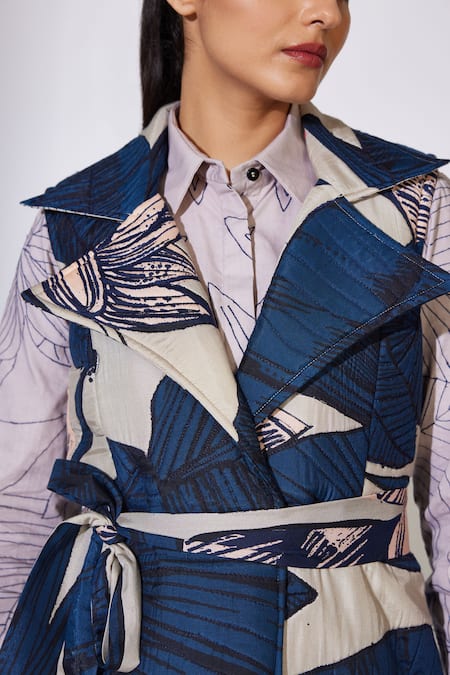 Koai_Blue Cotton, Silk Collared Floral Pattern Sleeveless Jacket _Online_at_Aza_Fashions