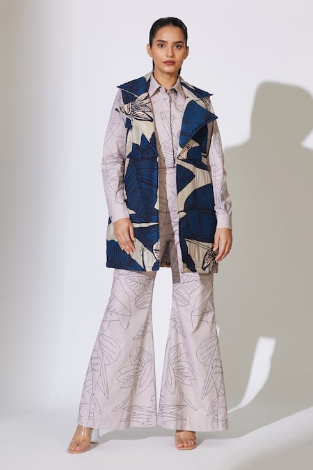 Shop_Koai_Blue Cotton, Silk Collared Floral Pattern Sleeveless Jacket _Online_at_Aza_Fashions