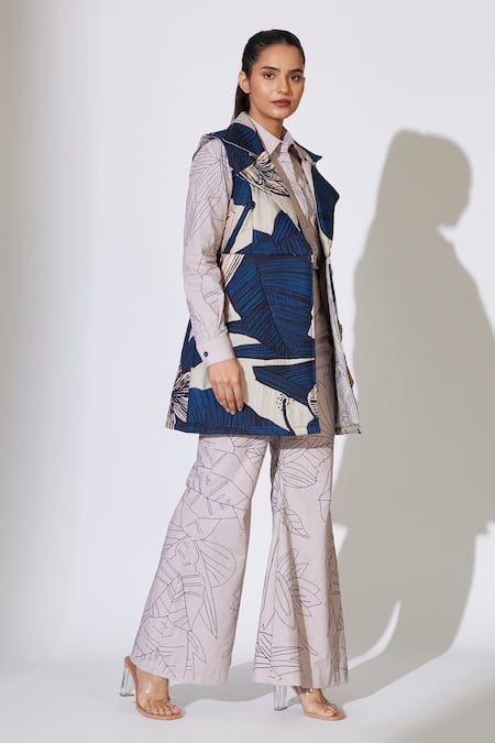 Koai_Blue Cotton, Silk Collared Floral Pattern Sleeveless Jacket _at_Aza_Fashions