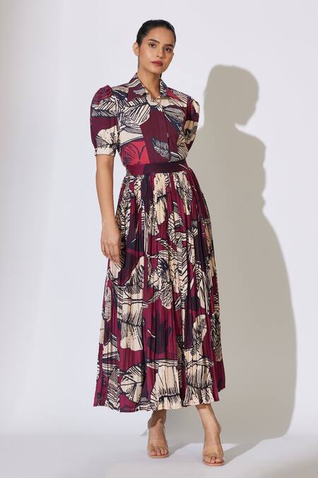 Koai Brown Poplin, Cotton Collared Floral Pattern Puffed Sleeve Shirt Online at Aza Fashions Koai_Brown Poplin, Cotton Collared Floral Pattern Puffed Sleeve Shirt _Online_at_Aza_Fashions