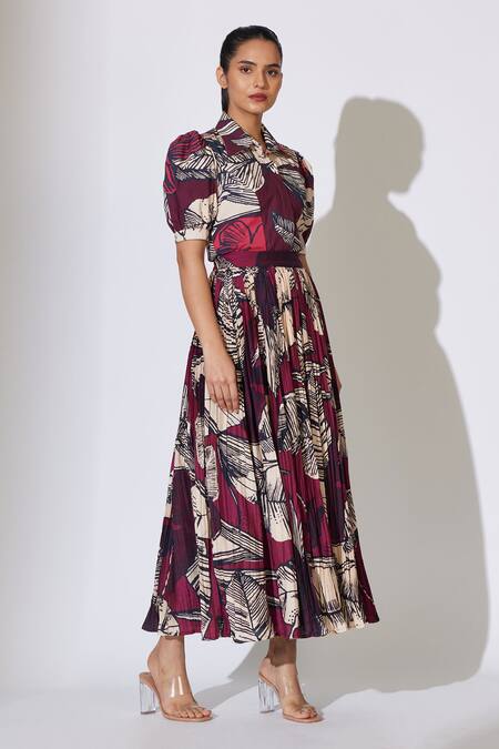 Shop Koai Brown Poplin, Cotton Collared Floral Pattern Puffed Sleeve Shirt Online at Aza Fashions Shop_Koai_Brown Poplin, Cotton Collared Floral Pattern Puffed Sleeve Shirt _Online_at_Aza_Fashions