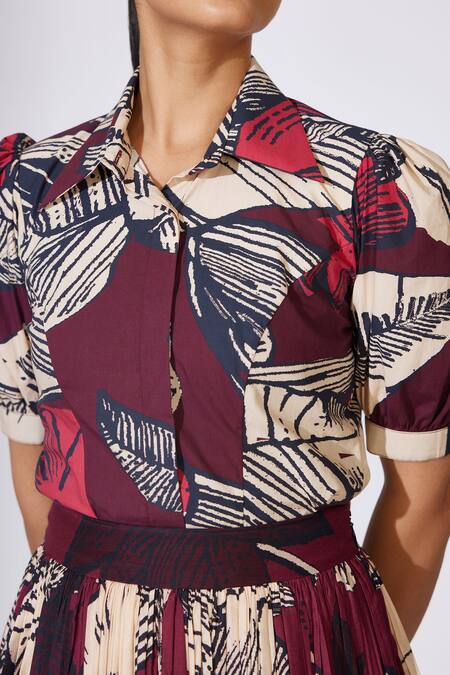 Koai Brown Poplin, Cotton Collared Floral Pattern Puffed Sleeve Shirt at Aza Fashions Koai_Brown Poplin, Cotton Collared Floral Pattern Puffed Sleeve Shirt _at_Aza_Fashions
