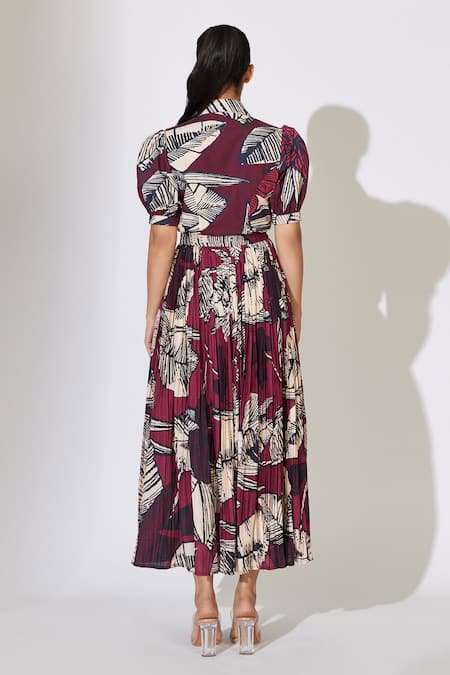 Shop Koai Brown Poplin, Cotton Collared Floral Pattern Puffed Sleeve Shirt at Aza Fashions Shop_Koai_Brown Poplin, Cotton Collared Floral Pattern Puffed Sleeve Shirt _at_Aza_Fashions