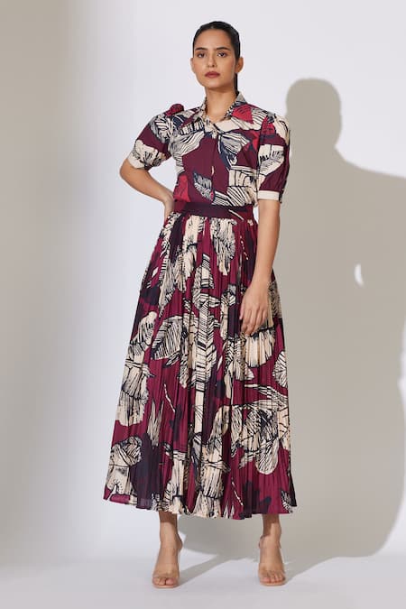 Koai_Brown Cotton, Silk Crinkled Floral Pattern Skirt _Online_at_Aza_Fashions