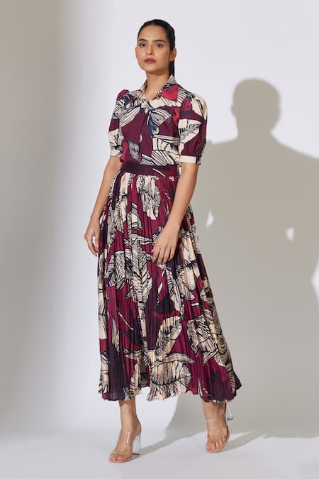 Shop_Koai_Brown Cotton, Silk Crinkled Floral Pattern Skirt _Online_at_Aza_Fashions