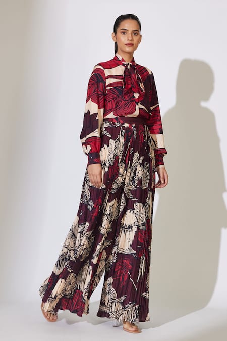 Koai Off White Cotton, Silk Floral Crinkled Flared Pant at Aza Fashions Koai_Off White Cotton, Silk Floral Crinkled Flared Pant _at_Aza_Fashions