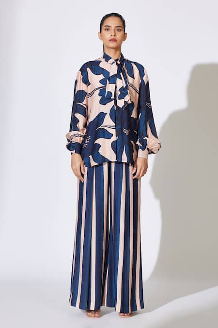 Koai_Beige Cotton, Silk Embroidery Collared Floral Bow-tie Shirt _Online_at_Aza_Fashions