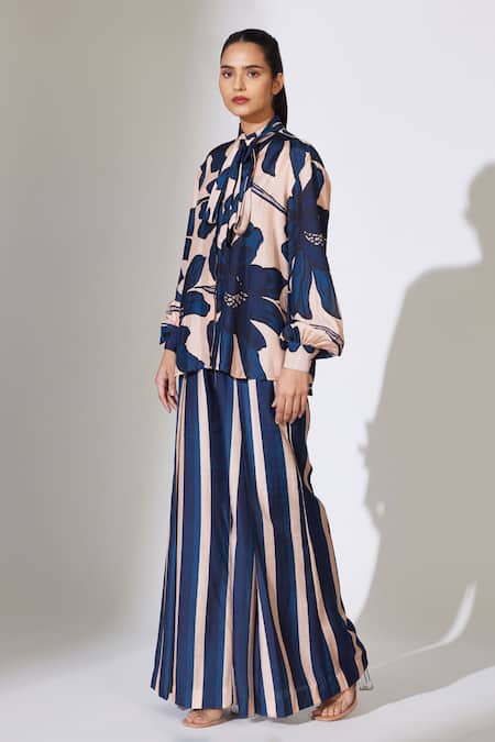 Buy_Koai_Beige Cotton, Silk Embroidery Collared Floral Bow-tie Shirt _Online_at_Aza_Fashions