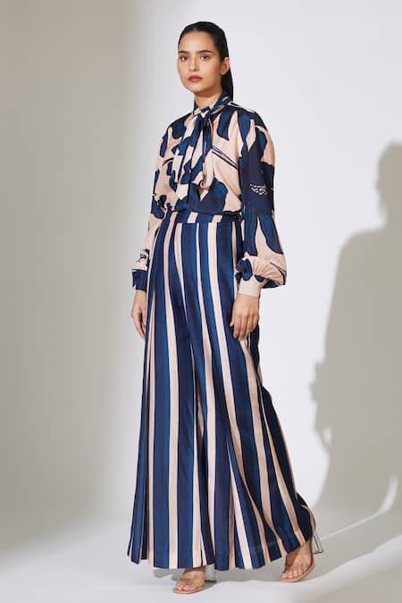 Shop_Koai_Beige Cotton, Silk Embroidery Collared Floral Bow-tie Shirt _Online_at_Aza_Fashions