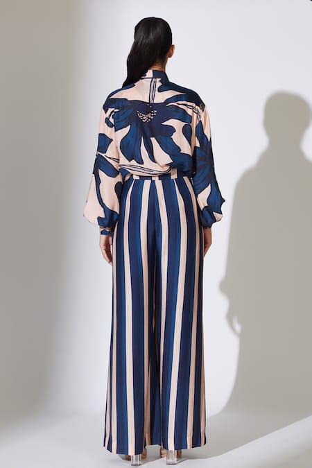 Shop Koai Beige Cotton, Silk Striped Pant at Aza Fashions Shop_Koai_Beige Cotton, Silk Striped Pant _at_Aza_Fashions