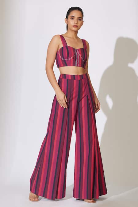 Shop_Koai_Red Poplin Sweetheart Neck Striped Bustier _Online_at_Aza_Fashions