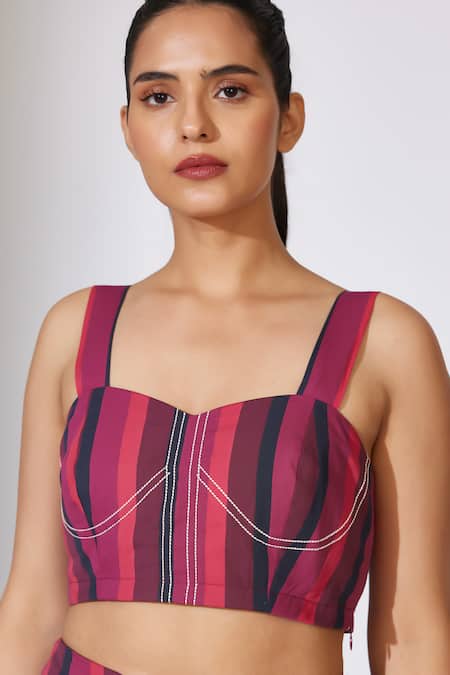 Koai_Red Poplin Sweetheart Neck Striped Bustier _at_Aza_Fashions