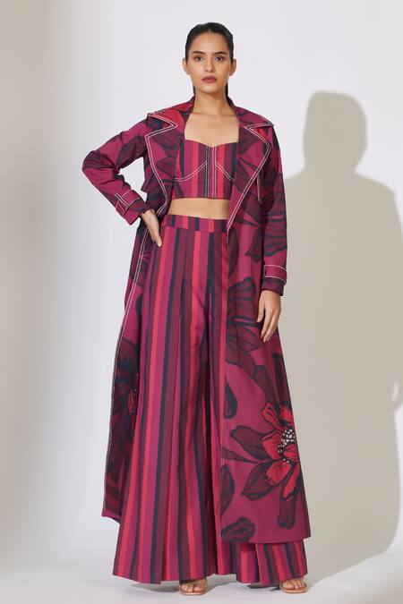 Koai_Red Poplin Cotton Striped Pleated Flared Pant _Online_at_Aza_Fashions