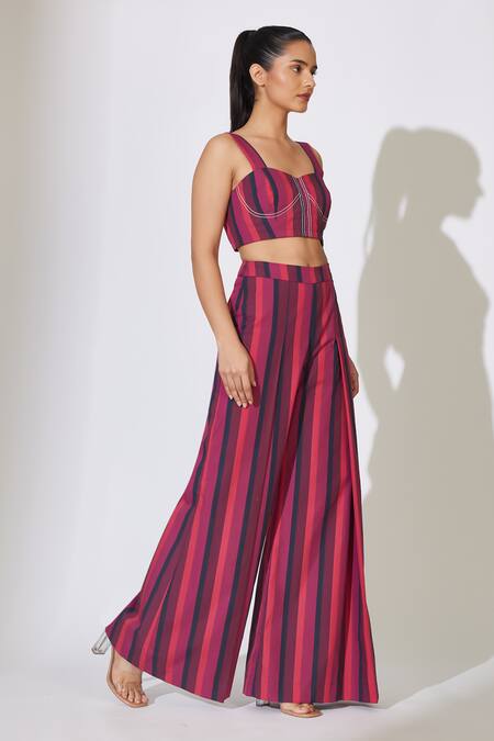 Buy_Koai_Red Poplin Cotton Striped Pleated Flared Pant _Online_at_Aza_Fashions