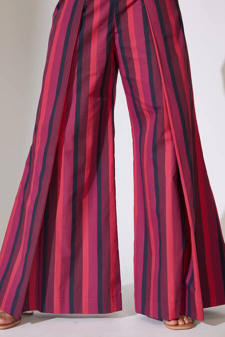 Shop_Koai_Red Poplin Cotton Striped Pleated Flared Pant _Online_at_Aza_Fashions
