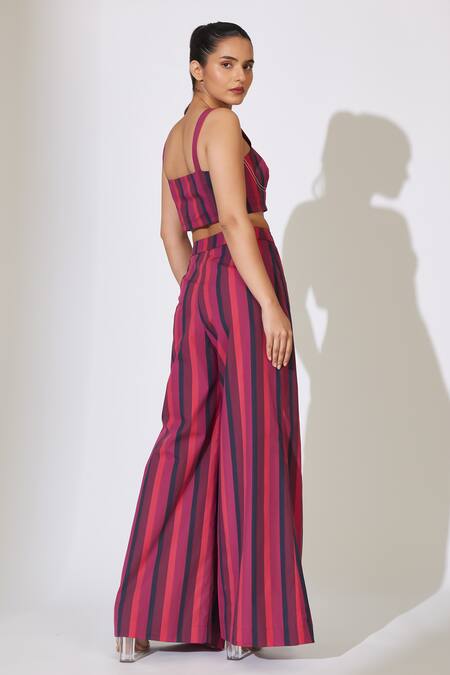 Shop_Koai_Red Poplin Cotton Striped Pleated Flared Pant _at_Aza_Fashions