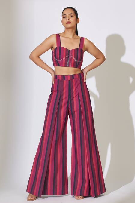 Koai_Red Poplin Cotton Striped Pleated Flared Pant _at_Aza_Fashions