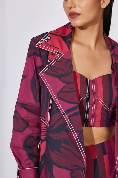 Koai_Red Poplin, Cotton Embroidery Collared Floral Pattern Longline Jacket _Online_at_Aza_Fashions