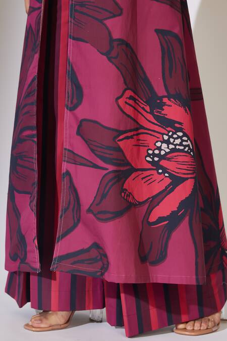 Buy_Koai_Red Poplin, Cotton Embroidery Collared Floral Pattern Longline Jacket _Online_at_Aza_Fashions