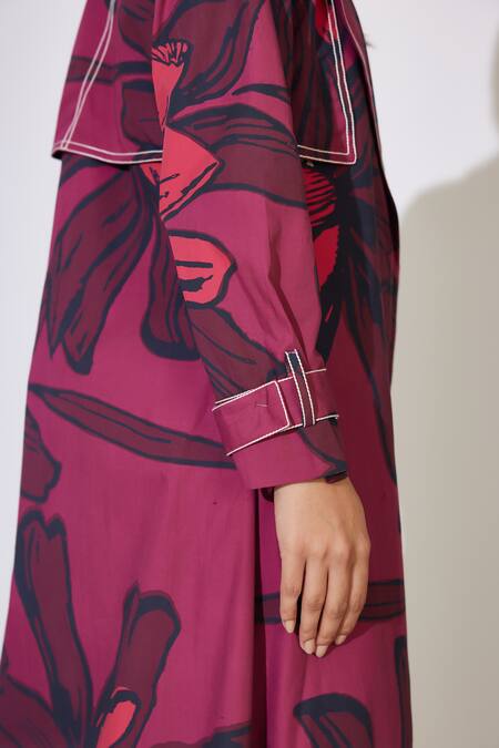 Shop_Koai_Red Poplin, Cotton Embroidery Collared Floral Pattern Longline Jacket _Online_at_Aza_Fashions