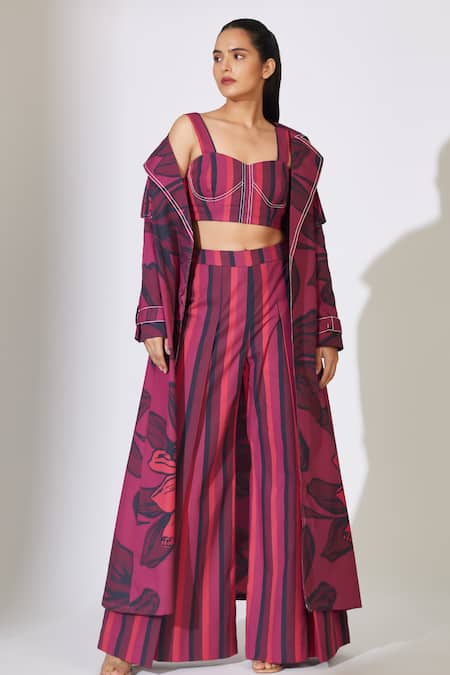 Koai_Red Poplin, Cotton Embroidery Collared Floral Pattern Longline Jacket _at_Aza_Fashions