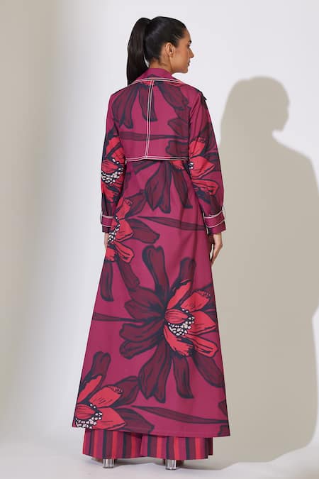 Shop_Koai_Red Poplin, Cotton Embroidery Collared Floral Pattern Longline Jacket _at_Aza_Fashions