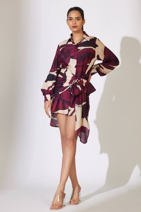 Koai_Off White Cotton, Silk Collared Tie-up High Low Shirt _Online_at_Aza_Fashions