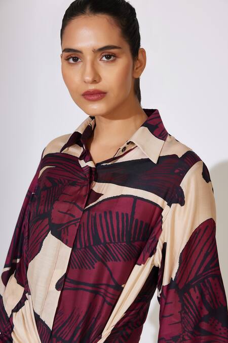 Shop_Koai_Off White Cotton, Silk Collared Tie-up High Low Shirt _Online_at_Aza_Fashions