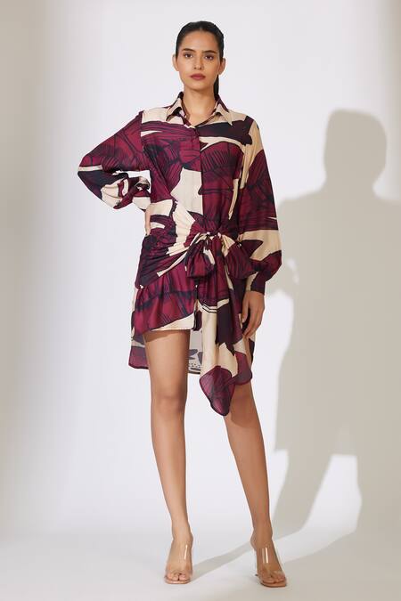 Koai_Off White Cotton, Silk Collared Tie-up High Low Shirt _at_Aza_Fashions