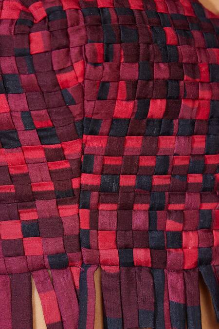 Koai Red Cotton, Silk V-neck Checkered Pattern Weaved Bustier Online at Aza Fashions Koai_Red Cotton, Silk V-neck Checkered Pattern Weaved Bustier _Online_at_Aza_Fashions