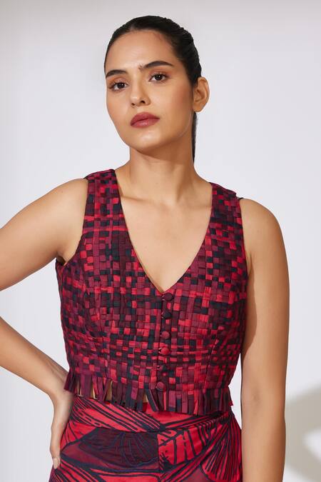 Shop Koai Red Cotton, Silk V-neck Checkered Pattern Weaved Bustier Online at Aza Fashions Shop_Koai_Red Cotton, Silk V-neck Checkered Pattern Weaved Bustier _Online_at_Aza_Fashions