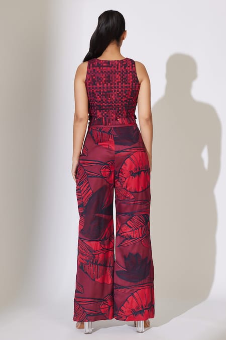 Shop Koai Red Cotton, Silk V-neck Checkered Pattern Weaved Bustier at Aza Fashions Shop_Koai_Red Cotton, Silk V-neck Checkered Pattern Weaved Bustier _at_Aza_Fashions