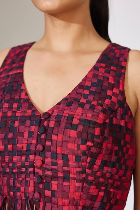 Koai Red Cotton, Silk V-neck Checkered Pattern Weaved Bustier at Aza Fashions Koai_Red Cotton, Silk V-neck Checkered Pattern Weaved Bustier _at_Aza_Fashions